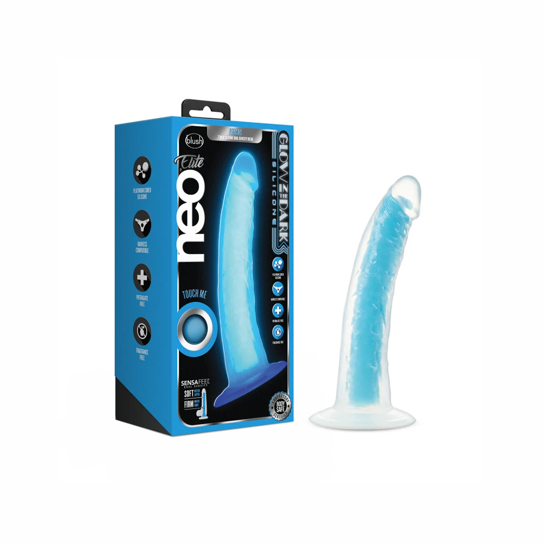 Dildo by Blush - Neo Elite Prysm Glow in the Dark Neon Blue - 19 cm